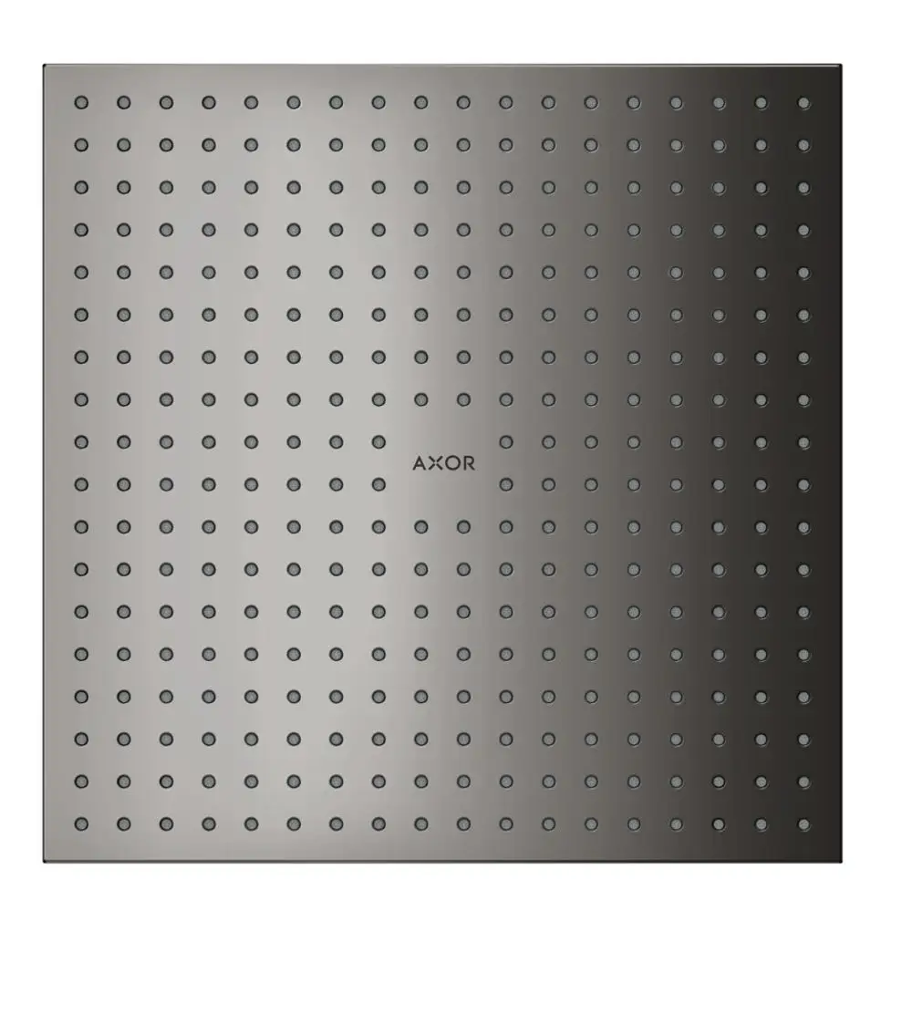 Kopfbrause mit quadratischem Design, ausgestattet mit gleichmäßig verteilten Düsen. Logo der Marke AXOR zentral platziert. Oberfläche in poliertem Schwarzchrom.